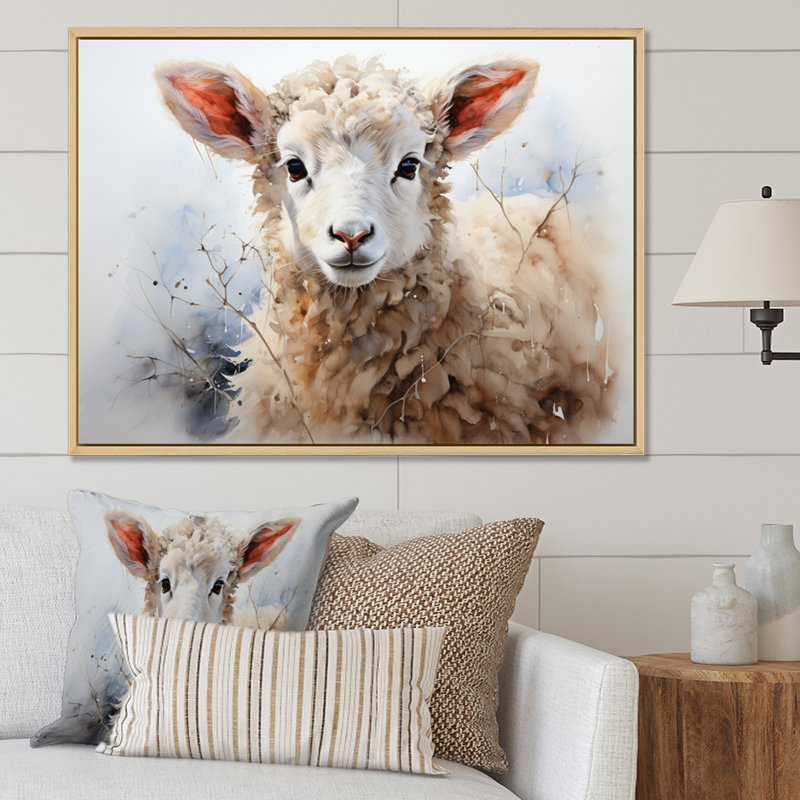 Mouton beige en hiver sur toile, H 30 po x l 40 po x P 1,5 po, Cadre naturel flottant