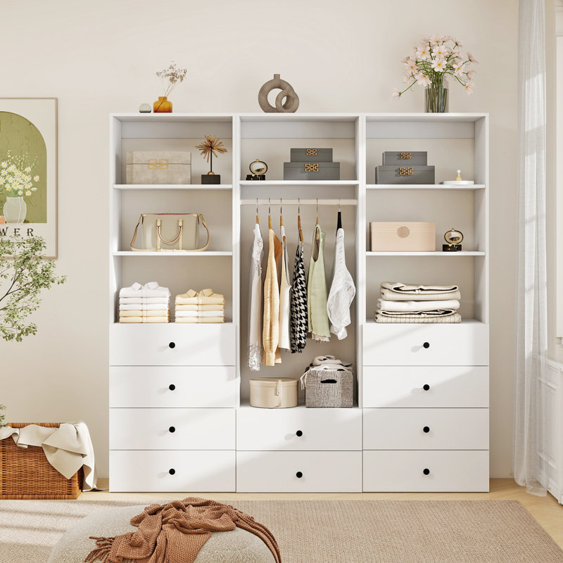 Système d'organisation modulaire avec une tringle, 7 tablettes et 10 tiroirs, Chêne