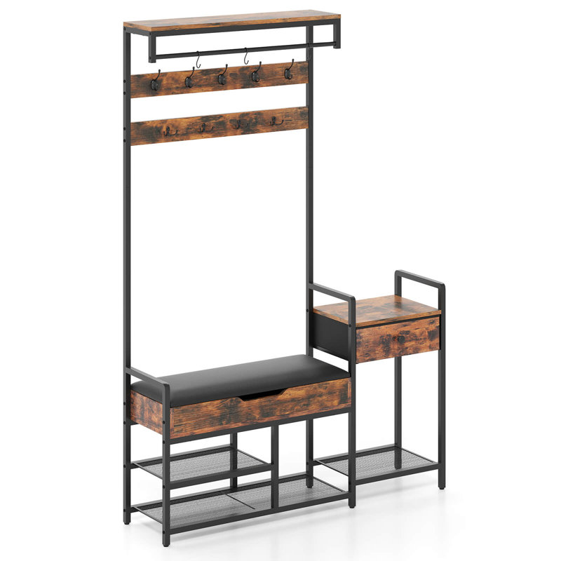 70" Freestanding Coat Rack With Shoe Rack 12 Hooks Drawer & Storage Shelf