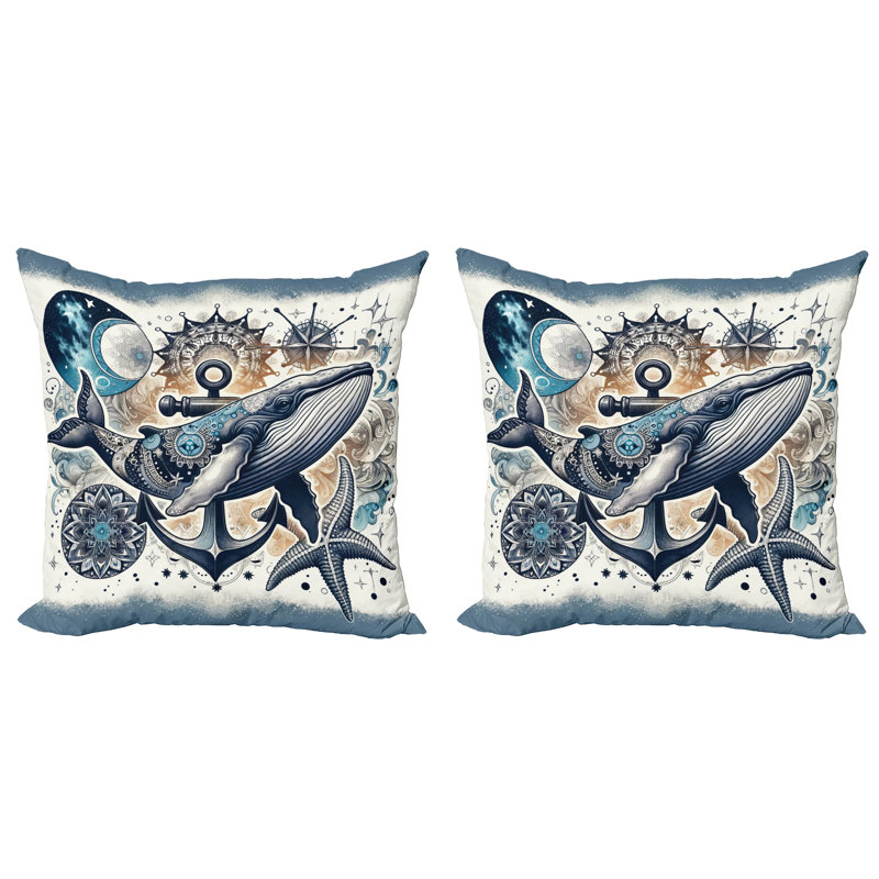 429467_Ambesonne Housse de coussin nautique 2Pack Whale Anchor Mandala Night, H 20 po x l 20 po