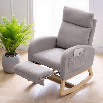 49" Teddy Fabric Rocking Chair with Adjustable Footstool, Nursery Glider with Thickened Headrest, High Backrest & Side Storage Pocket, Solid Wood Rocker Base, 15° Gentle Rocking Motion, Comfy Lounge Armchair for Living Room, Bedroom, Baby Room