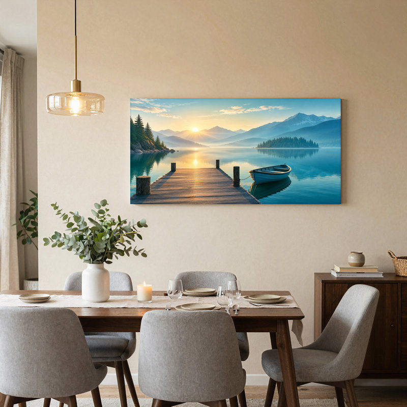 Tableau sur toile représentant un quai en bois et un bateau bleu au lever du soleil sur un lac en montagne, 40“W x 20”H