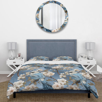 White And Blue Bird Floral Serenade II Floral Duvet Cover