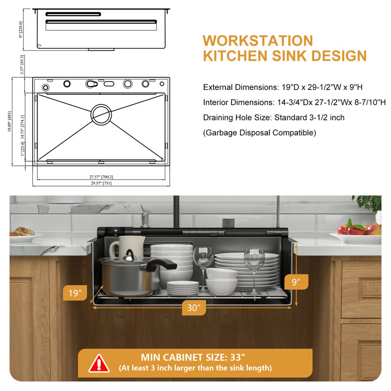Drop In Waterfall Kitchen Sink 29.5"L x 19"W Dual Waterfall Smart Kitchen Sink,16 Gauge Stainless Steel Workstation Kitchen Sink Set with Pull-down Faucet, Rainfall Water Outlet, Glass Rinser, Soap Dispenser, Battery-free Temperature Display In Fahrenhei