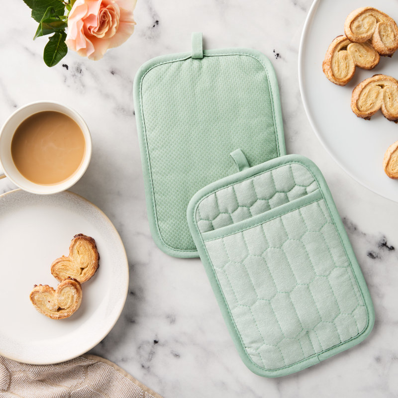 MARTHA STEWART Honeycomb Quilted Chambray Pot Holder 2-Pack Set 7"X10", Mint Green