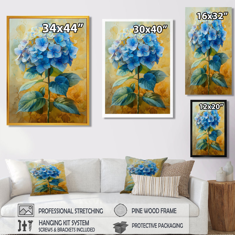 Vintage Blue Yellow Hydrangea Bloom - Hydrangea Wall Art Living Room, 12" H x 20" W, Black Single Picture Framed