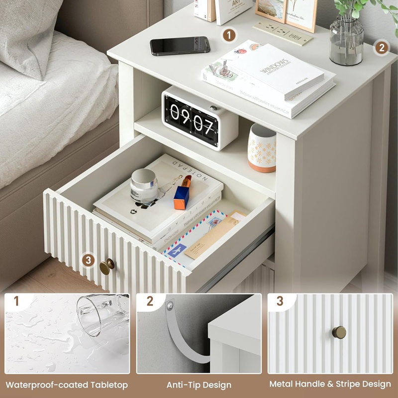  Table de chevet 2 tiroirs cannelée, table de chambre à coucher avec station de charge, blanc