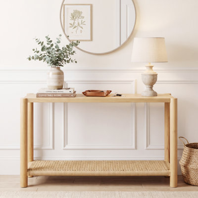 Console Lumen 61" de style moderne du milieu du siècle avec étagère en corde tressée, plateau en placage de chêne et pieds en bois d'hévéa pour salon et entrée