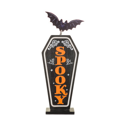 Black Wooden Spooky Coffin Warm White Illuminated Sign with Bobbing Bat Pack of 2