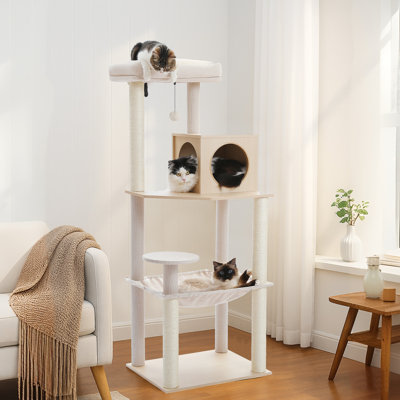 Multi-Level Wooden Cat Tree With Sisal Scratching Posts, Hammock, And Interactive Toys – Modern Cat Furniture For Indoor Cats