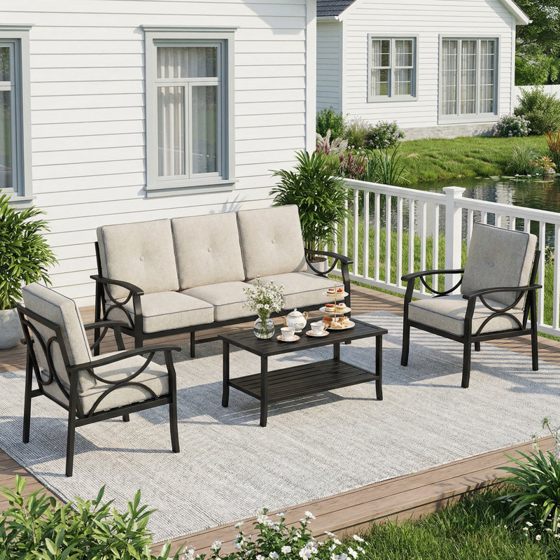 Brandtley 5-Person Patio Conversation Set with Cushions, Black Frame/Khaki Cushion
