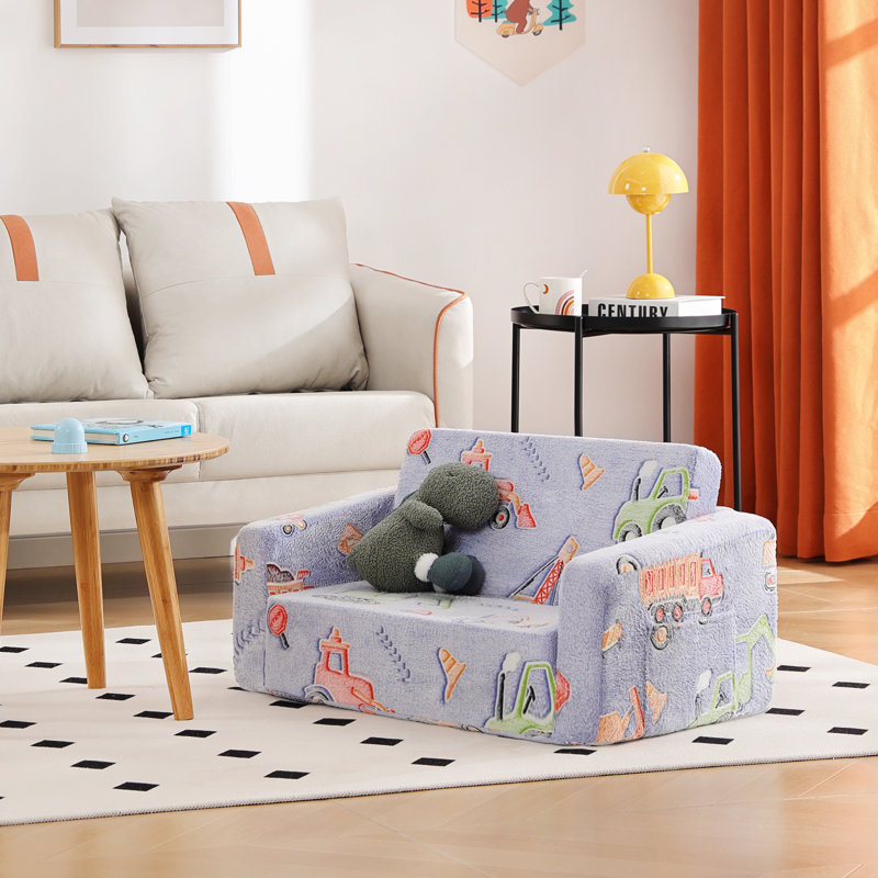 Kids Sofa, Extra Wide 2 In 1 Kids Fold Out Chair Convertible Sofa To Lounger, Vehicles