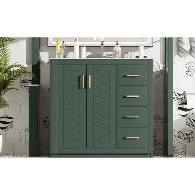 36 - Inch, Bathroom Cabinet, Ceramic Sink, Solid Wood Frame, Ample Storage For Items, Soft Close Doors, Unique Appearance And Construction, Three Drawers Essentials, Concealed Retro Aesthetic