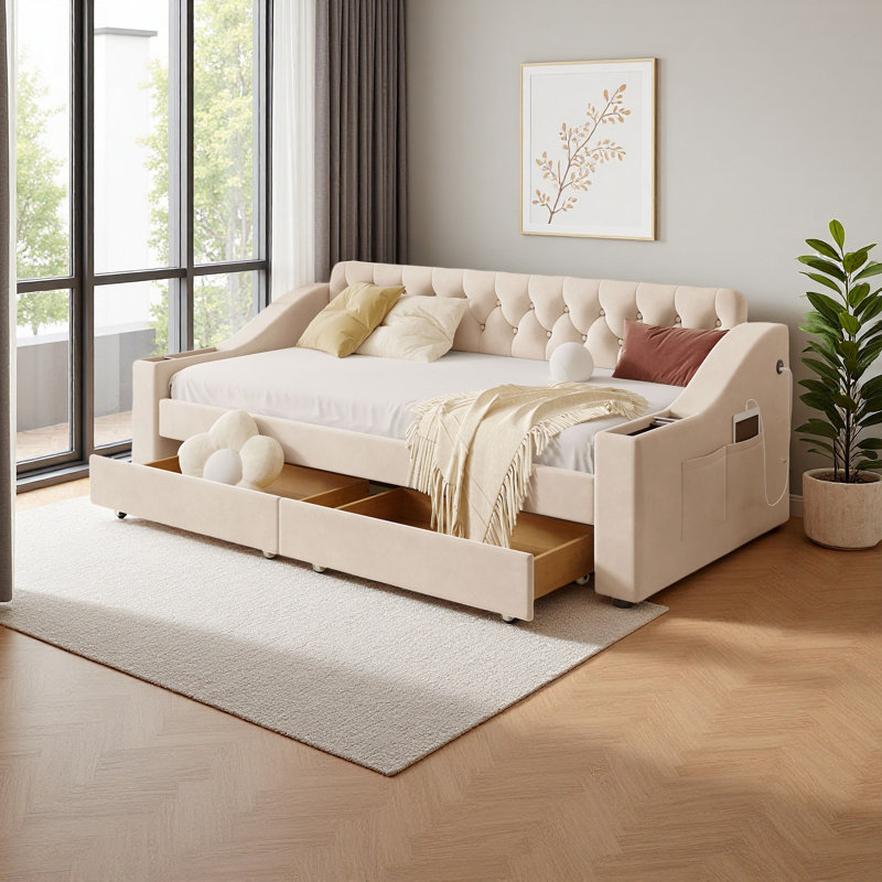 Twin Size Upholstered Daybed With Storage Armrests And USB Port, Beige