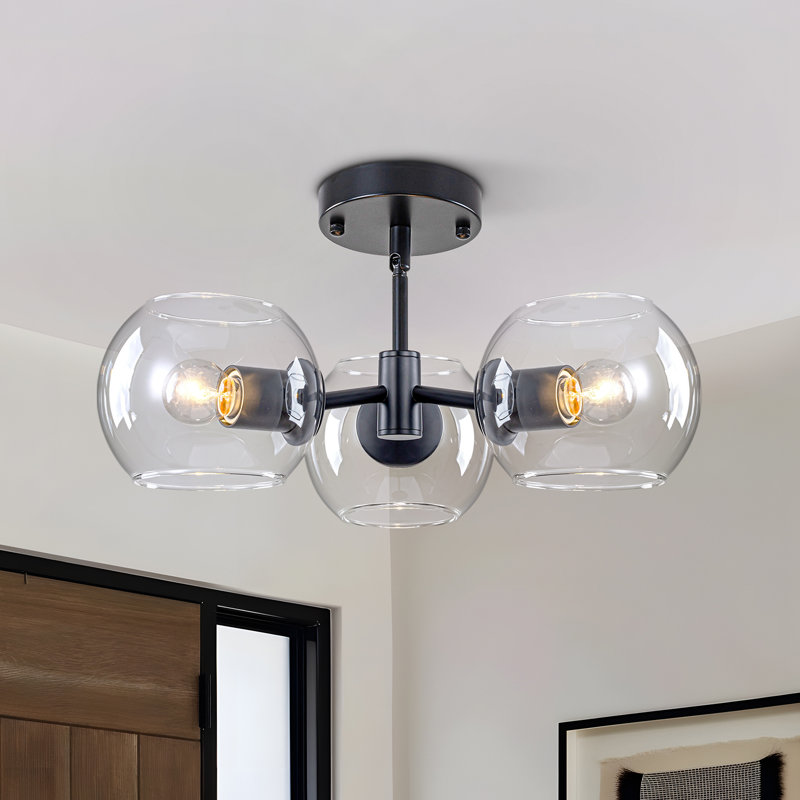 Modern 3-Light Sputnik Semi Flush Mount Ceiling Light With Clear Glass Globes, Matte Black