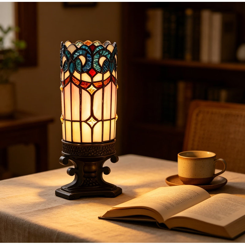 Lampe de table de style Tiffany avec abat-jour en verre coloré et base en résine bronze, mini veilleuse de bureau pour la décoration intérieure et l'éclairage ambiant