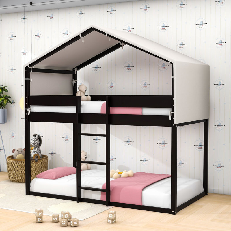 Twin Over Twin Wooden House-Shaped Bunk Bed With Tent Design, Espresso