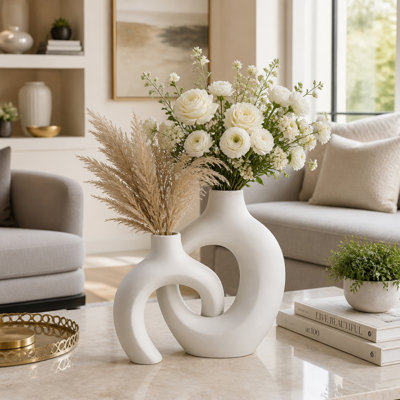 Modern Vase Stoneware Ceramic Interlocking Sculptural Design Living Room or Office Accent Decor Set of 2 - 13", 11" White