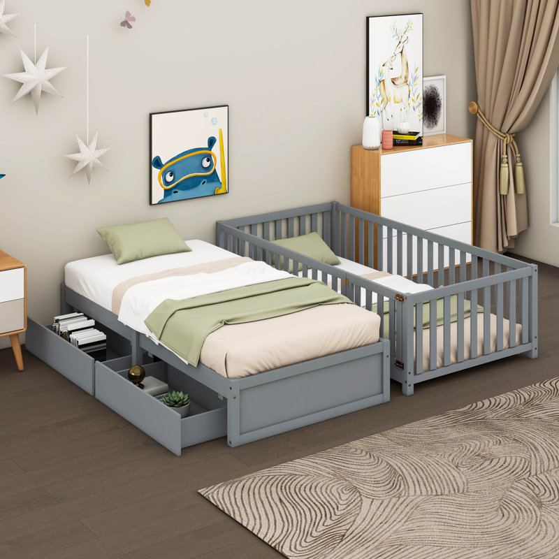 Kaenel Wood Daybed with Fence Guardrails and 2 Drawers, Gray