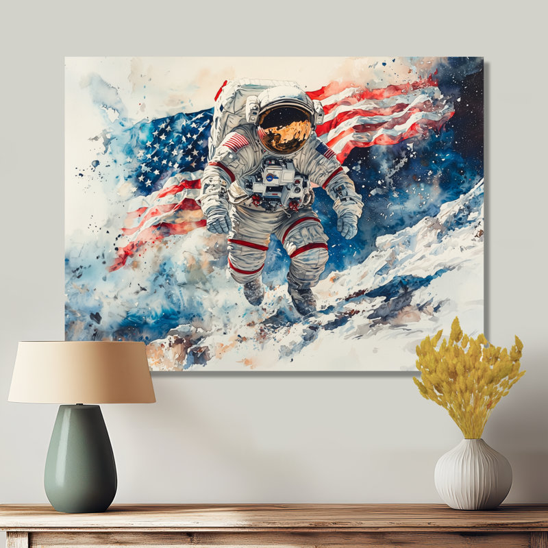 Iselle, premier astronault sur la lune avec drapeau américain I - États-Unis, art mural large, H 30 po x l 40 po