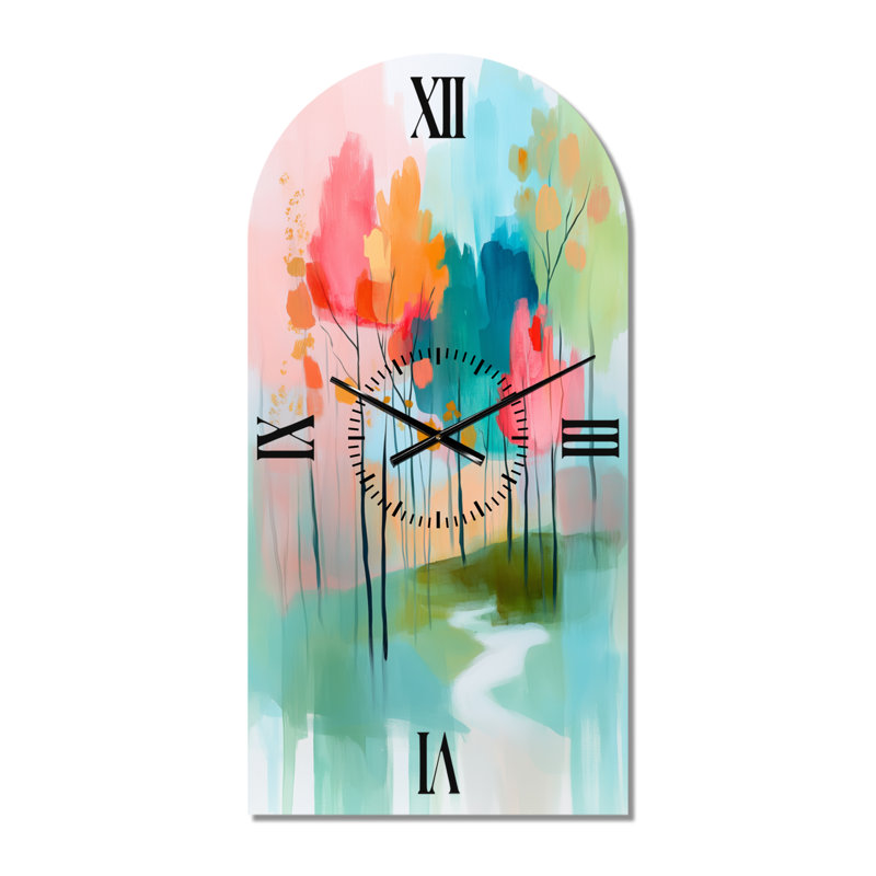 Horloge murale en métal de style arc de style Mid-Century Abstract Forest IV, 39" H x 19" W - Arch