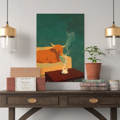 Canvas Wall Art Highland Cow Drinking Coffee Art Poster Vintage Poster Print Home Decor
