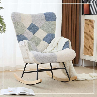 Patchwork Teddy Fleece Upholstered Rocking Chair, High Back Nursery Glider Rocker with Side Storage Pocket, Rubberwood Rockers Accent Armchair for Nur