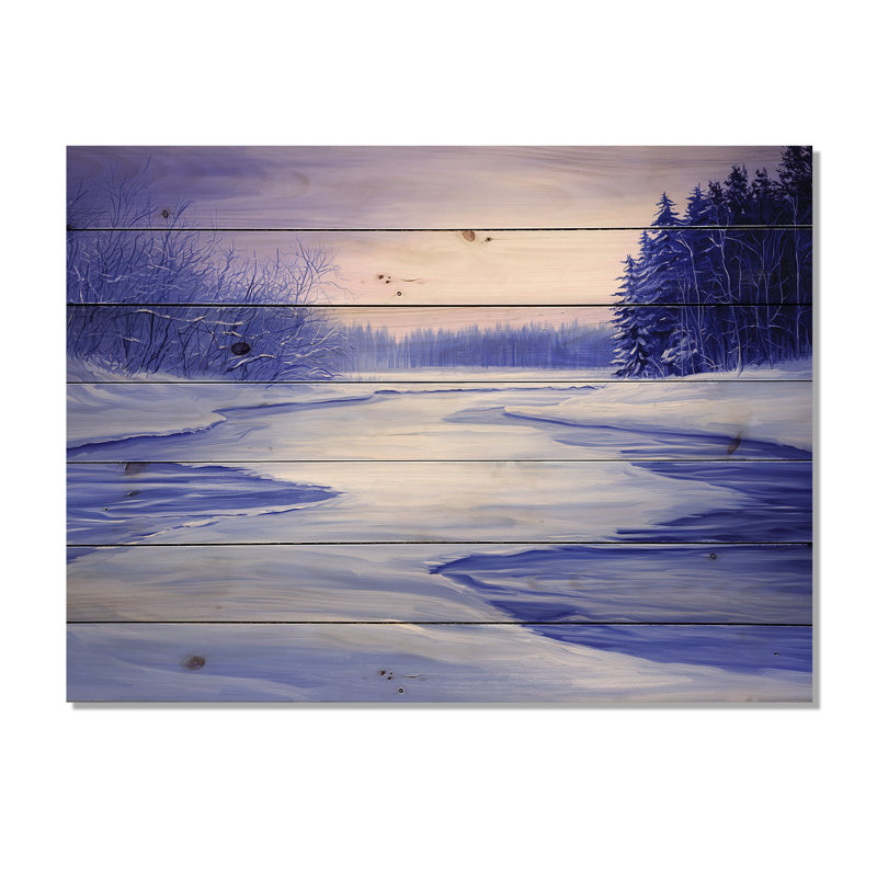 Frozen River In Winter Landscape II - Art mural traditionnel sur bois de pin naturel, H 30 po x l 40 po