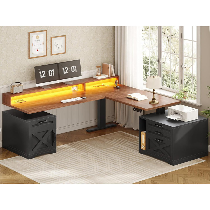 Farmhouse L Shaped Standing Desk, 71" X 73" Height Adjustable Home Office Executive Desk With Drawers, Brown/Black