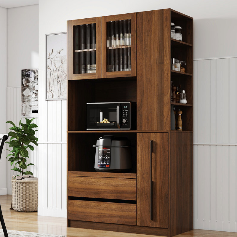 Armoire de cuisine avec étagère de rangement coulissante multifonctionnelle, étagère latérale à 4 niveaux, 2 tiroirs, avec porte vitrée, cloche à nourriture autoportante avec support pour micro-ondes