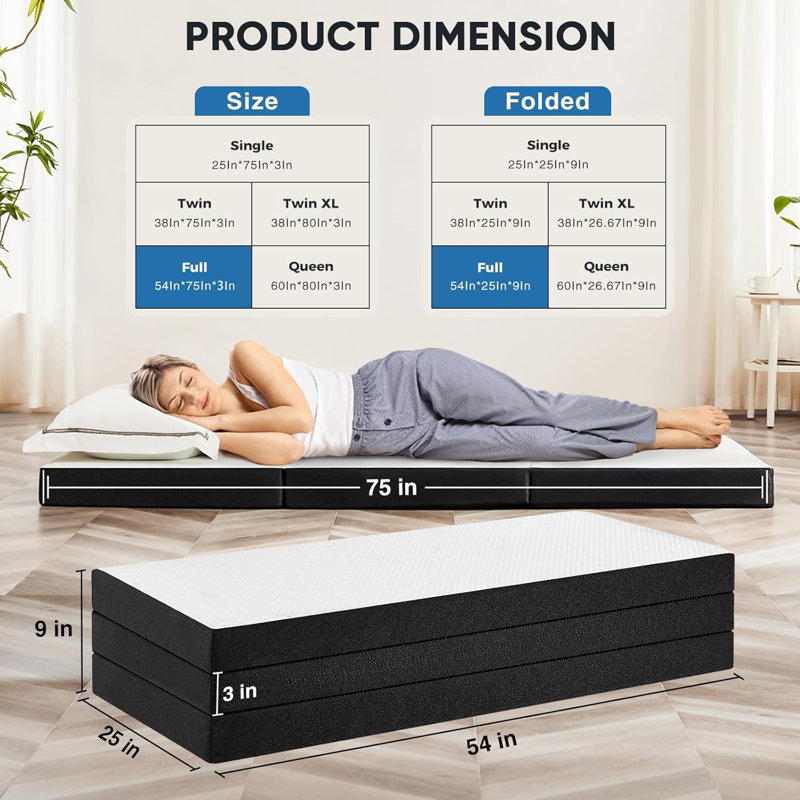 Tri-Fold Memory Foam Mattress - Portable Floor Bed, Foldable Mat For Adults, Collapsible And Washable Cover With Certipur-US Certified, For Travel & Camping & Yoga