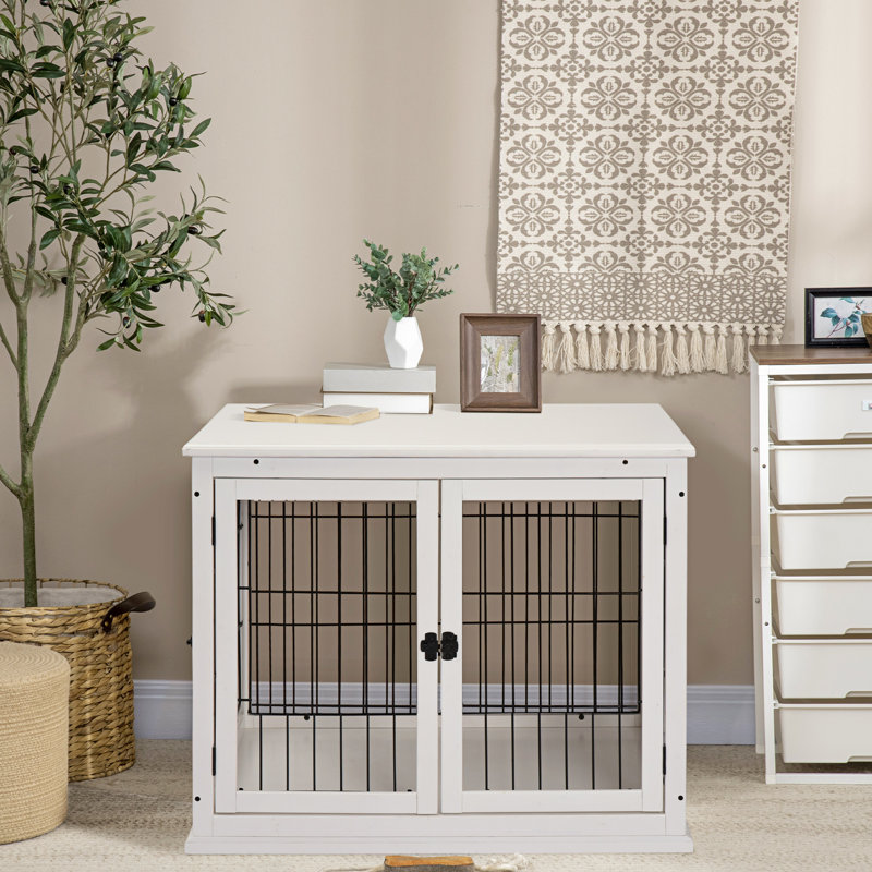 Mobilier pour petit chenil, deux portes verrouillables, décoration mignonne pour chiot d'intérieur, meubles chiot blanc, bout de cage, verrouillable, 2 côtés d'ouverture,