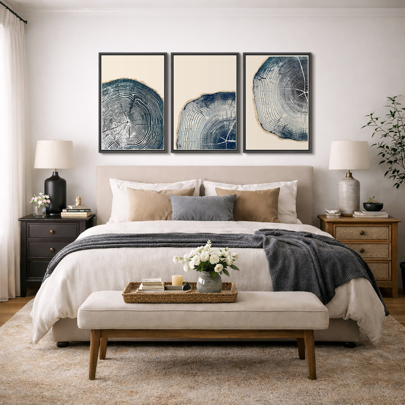 «Tree Ring», œuvre de souche en bois bleu marine, photos murales de bois rustique biologique moderne, impression sur toile encadrée, 3 pièces, art mural: 16 po x 24 po x 3 pièces, 24 po x 36 po x 3 pièces