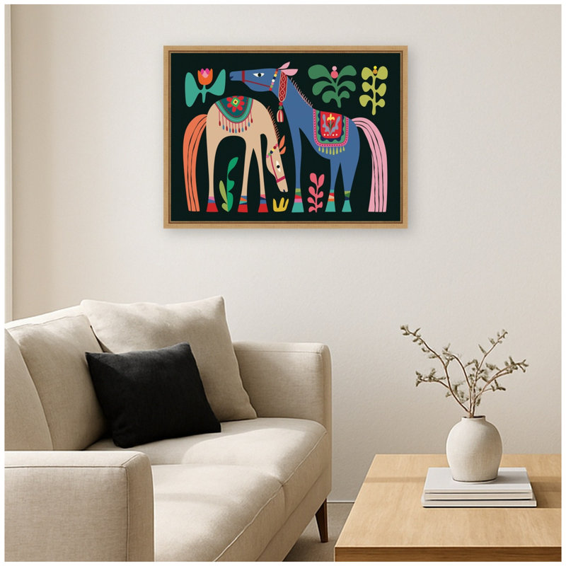 «Two Horses 02» par Rachel Lee 3 Birdies Studio, reproduction d'art sur toile encadrée, Black/Blue/Beige, Sylvie Natural