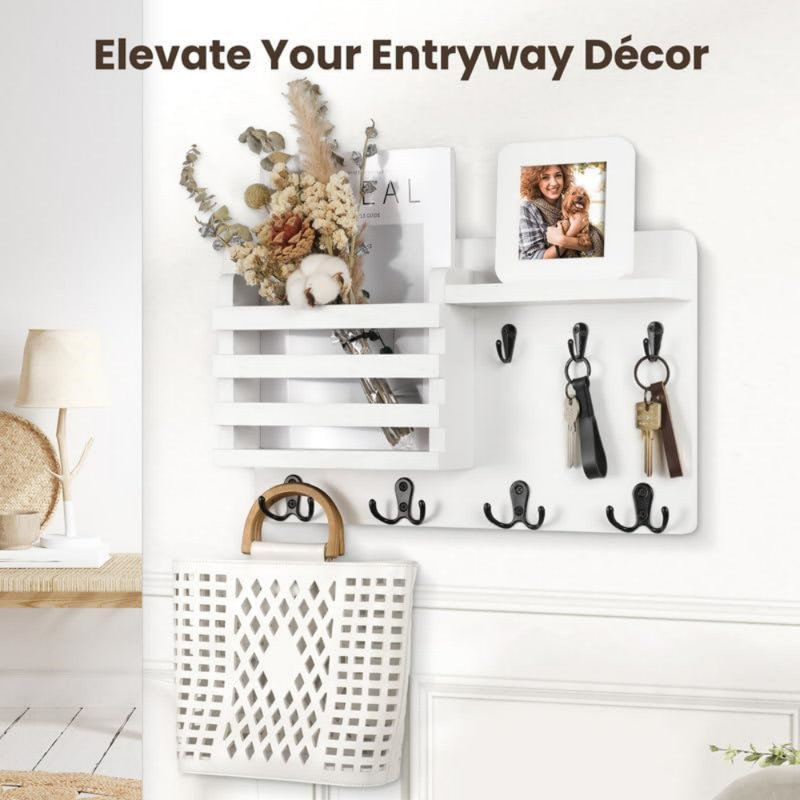 Rustic Dark Brown Wood Wall Mounted Mail Organizer with Key Hooks