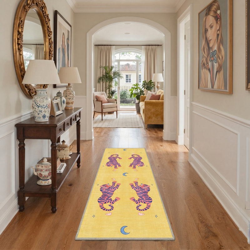 Tigris Animal Yellow Runner for Kids, Washable Hallway Runner with Non-Slip Backing, Runner 2' x 6'