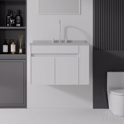 Meuble-lavabo suspendu de 76 cm avec lavabo, porte à fermeture amortie, comptoir et dosseret en marbre synthétique blanc granité de 5 cm, contreplaqué, blanc