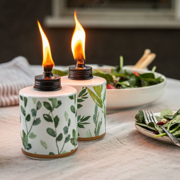 Green and White Glass Tabletop Torch Set
