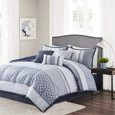 Lit de luxe très grand bleu marine - 7 pièces avec édredon, taies décoratives et coussins en soie