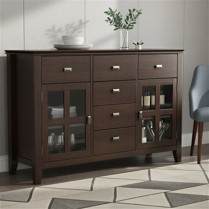 Buffet en bois massif de 54 po de largeur avec portes en verre trempé et 6 tiroirs Artisan, Châtaignier brun foncé
