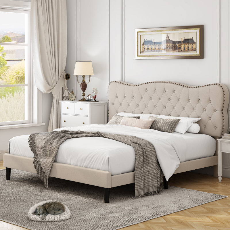 Lofgren Tufted Upholstered Platform Bed with Adjustable Headboard, Queen, Light Beige