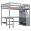 Lit mezzanine avec bureau intégré en forme de L et tablettes de rangement à trois niveaux, et escalier de rangement attaché-615924478