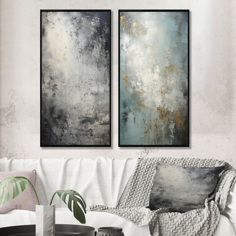 Minimalisme gris lunaire Surface IV - Art mural abstrait ensemble de salon de 2, Cadre flottant noir, H 32 po x l 33 po