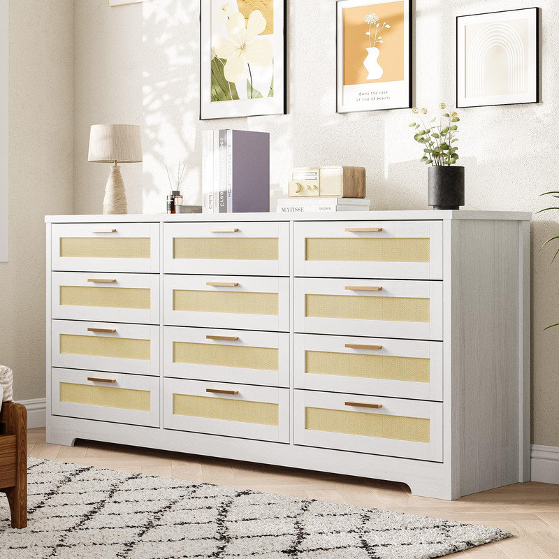 Commode 12 tiroirs en rotin - Commode blanche moderne pour chambre à coucher, placard, salon et couloir, Blanc