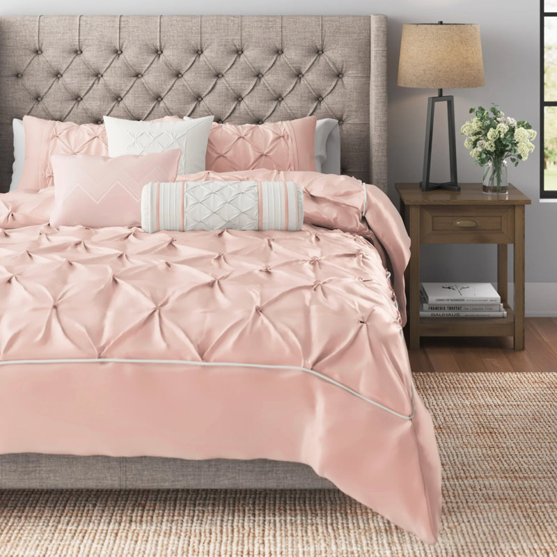 Blush King 7-Piece Tufted Comforter Set with Stripes