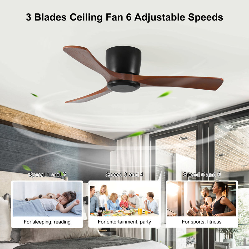 42 Inch Ceiling Fan No Light With Remote Control, Low Profile Flush Mount Ceiling Fan Without Light,Noiseless Reversible Dc Motor With Timer