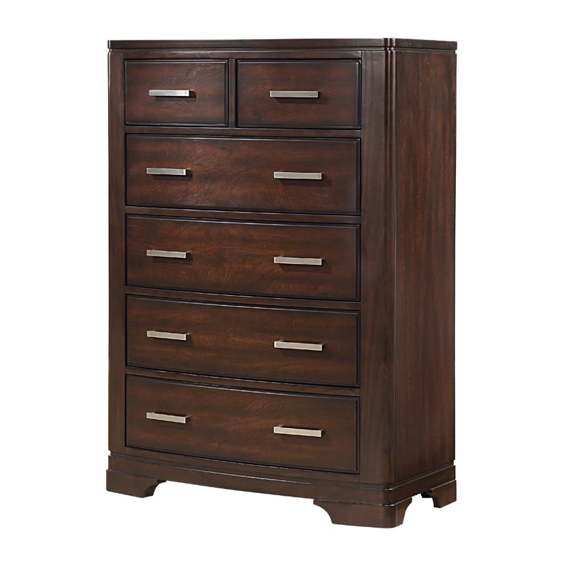Commode haute Hudy, 6 tiroirs X poignées en métal, placage de bouleau, Brun cerisier