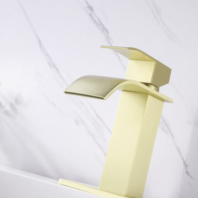 Waterfall Spout Bathroom Sink Tap, Single Handle Stainless Steel With Brushed Gold Decoration Faucet Kit Spout, And