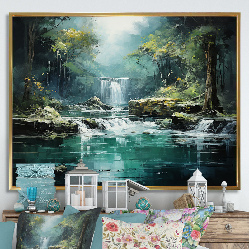 Cascade, paysage de falaise III, H 12 po x l 20 po x P 1 po, Cadre flottant doré
