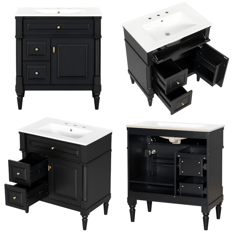 Meuble-lavabo autoportant de 30 pouces avec lavabo, tiroir rabattable et support de rangement noir, Noir